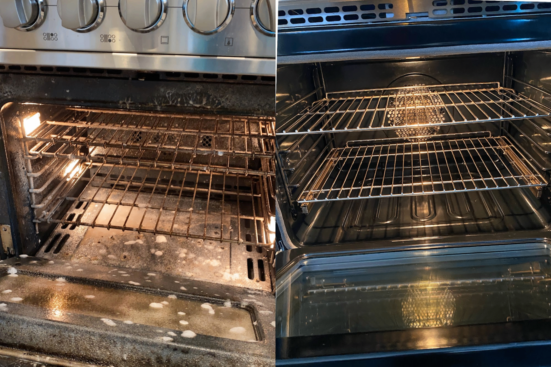 Oven interior before and after professional cleaning